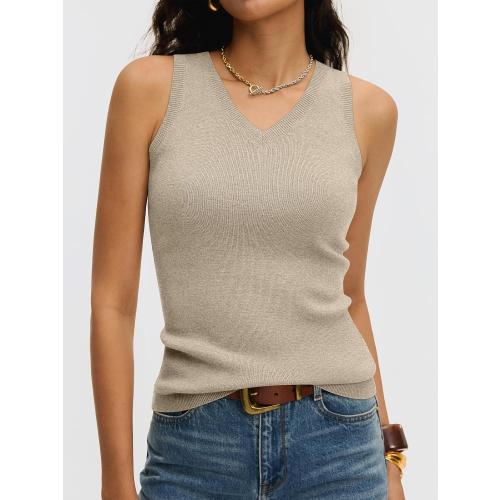 ANRABESS Womens Medium Tan Wool Blend Tank Tops V Neck Sleeveless Sweater Business Casual Work Knit Shirts Slim Fit 2026 Summer Outfits