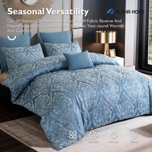 ALPHA HOME Queen Size Comforter Set - Jacquard Bedding Set for All Season Comfort, Luxurious Elegance Pillows Included (1 Comforter, 2 Pillow Shams, 2 Euro Shams)