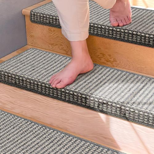 Brakki Bullnose Carpet Stair Treads, Stair Treads for Wooden Steps Indoor Runner and Pets, Non Slip Soft Edging Staircase Protectors, Washable, 29.5x9.5x1.5 7pcs, Grey and Cream