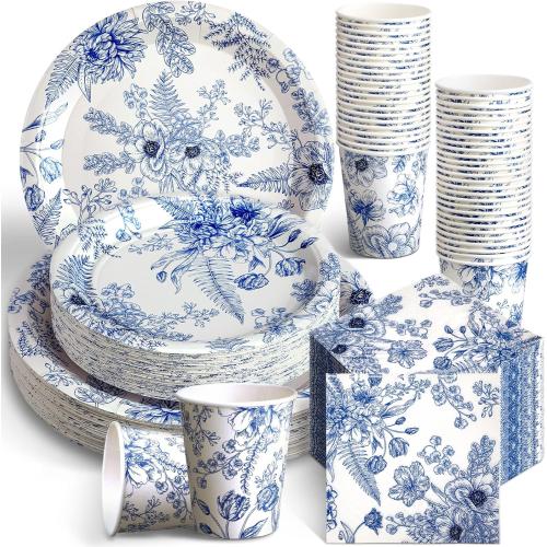 Dandat 250 Pcs Blue Floral Paper Plates and Napkins Blue Bridal Shower Tea Party Decorations Blues White Floral Tableware Set for 50 Guests Disposable Plates Napkins Cups Wedding Baby Bridal Shower