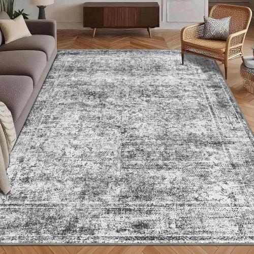 Washable Area Rug 6' x 9' Vintage Traditional Persian Mat - Foldable Distressed Non-Slip Machine Washable Carpet for Living Room Bedroom Kitchen Home Decor - Graphite and Mist