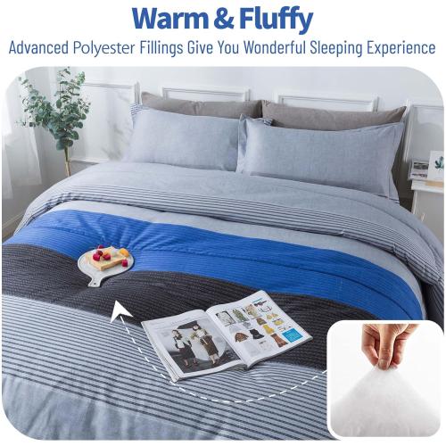 Andency Full Size Blue Comforter  Gray and Blue Patchwork Striped Comforter, Soft Down Alternative Comforter Bedding