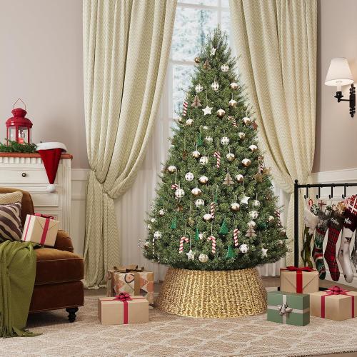 ELYKEN 28 Inch Christmas Tree Collar, Gold Woven Xmas Tree Skirt for 7.5 ft Trees, Stylish Tree Base Cover with Cord Cut-Out, Round Tree Ring for for Pencil Trees, Easy Assembly