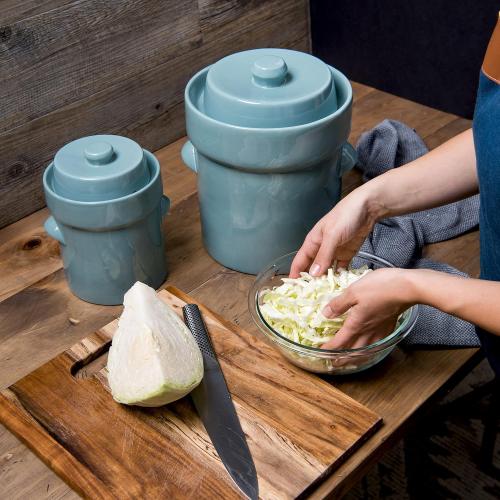 Fermentation Crock Jar Sauerkraut Crock -For Onggi Kimchi Pot (1.3 Gallon) Ceramic Fermenting Crock with Glazed Weights for Fresh Chinese Pickle, Kimchi & Kombucha - Stoneware Pickling Crock