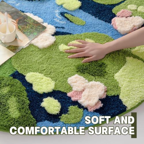 YIHOUSE 4ft Moss Round Area Rug 3D Cute Green Grass Rugs for Bedroom Machine Washable Non-Slip Boho Circle Rug Soft Fluffy Carpet for Living Room Bathroom Nursery Room, Pond