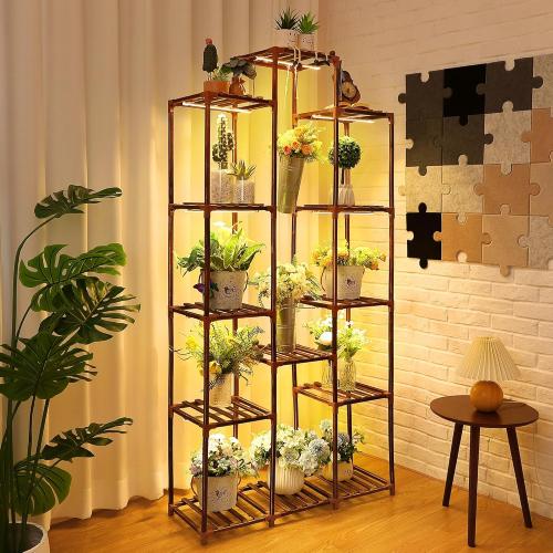 Dreyoo Plant Stand with Grow Lights, Wood Plant Shelf with Full Spectrum Grow Lamp for Indoor Corner, Vintage Multi Layer Lighted Stand for Living Room Balcony Display (13 Tiered Shape)