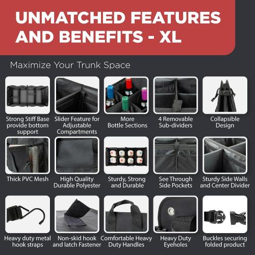 TRUNKCRATEPRO - XL Trunk Organizer For SUV, Car, Truck with 6 Compartments Adjustable Collapsible Portable Non-Skid Premium Cargo Storage Truck Organizer W Straps, Heavy Loads (Extra Large, Gray)