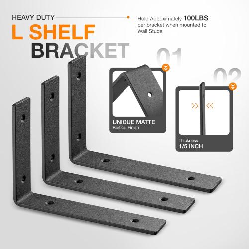 BATODA Pack 6 - 8''L Heavy Duty Shelf Brackets - L Shelf Brackets Black - Hook Brackets for Floating Shelves - Wall Mounted Support for DIY Open Shelving – Shelving Mounting Hardware Included