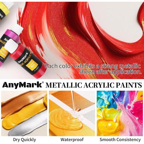 AnyMark Metallic Acrylic Paint, 48 Colors with 12 Brushes, 2 fl oz/60ml Bottles, Glitter Acrylic Paint Set for Kids Adults Canvas, Rock, Wood
