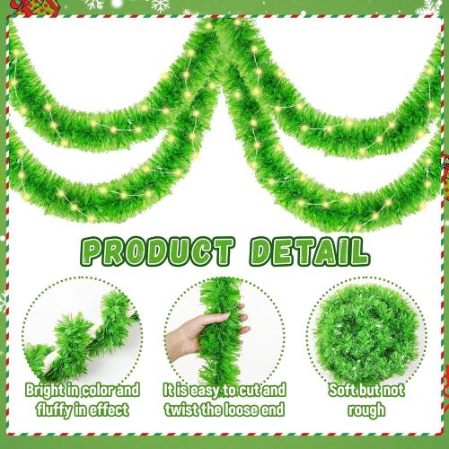 33ft Christmas Tinsel Garland with LED Lights, Lime Green Metallic Foil Glitter Garland & Matching Lights Set for Xmas Tree, Home, Stairs, Indoor Outdoor Party Decor