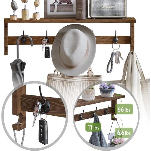 AMBIRD Coat Rack Wall Mount with Shelf, 28.9 Inches Coat Hooks Wall Mounted with 5 Hooks, Wall Hat Hooks for Hanging in Entryway, Living Room, Bathroom, Bedroom (Brown)