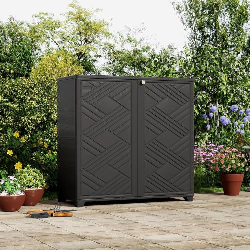 ZZM Indoor/Outdoor Storage Cabinet Waterproof, 34x15x34 Plastic Outdoor Storage Box for Garden Balcony Bathroom, All Weather Outdoor Storage Clearance, DIY Usage, with 1 Shelf (Black)