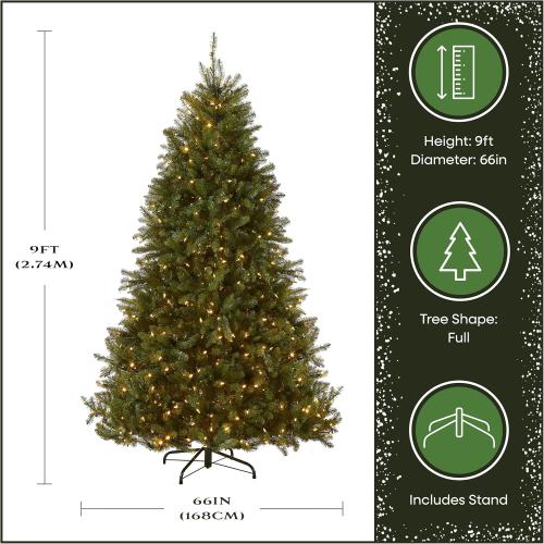 National Tree Company 9 ft Pre-Lit Dunhill Fir Artificial Christmas Tree, 900 LED Lights, 4,026 Tips, Foot Pedal, 10 Light Functions, Includes Stand, Green