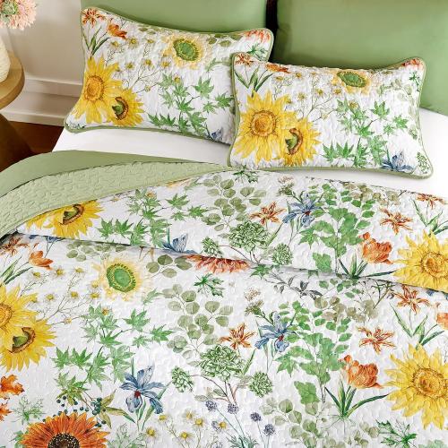 Yiran Floral Quilts ,Sunflower Botanical Bedspreads, Sage Green | Soft Lightweight Bedding Set, Microfiber Coverlet with 2 Pillow Shams, Summer Bed Sets for All Season