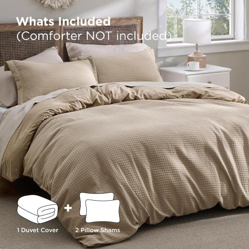 Bedsure Luxury Waffle Duvet Cover King Size - Textured Duvet Cover Set, Soft, Breathable Bedding Set (104x90) with 2 Pillow Shams for All Season, Khaki, Comforter Not Included