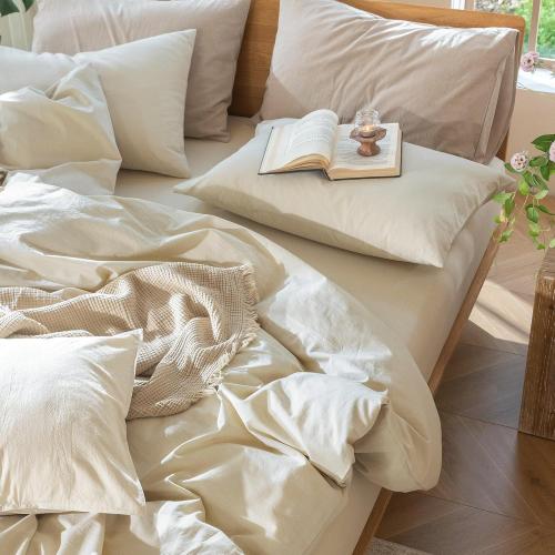 MooMee Bedding Duvet Cover Set 100% Washed Cotton Linen Like Textured Breathable Durable Soft Comfy (Heathered Almond Milk Grey, Twin 68x90)