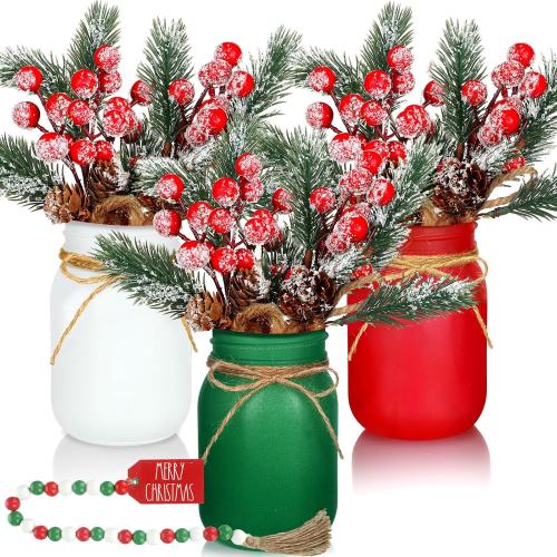 Karenhi 16 Pcs Christmas Centerpieces for Tables Christmas Mason Jars Xmas Glass Tray Table Decorations with Artificial Pine Picks and Garland Xmas Farmhouse Dining Kitchen Indoor Desk Home Decor