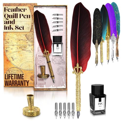 Red Feather Quill Pen and Ink Set - 11.4 Antique Feather Pen and Ink Set with Stainless Steel Nib for Calligraphy Practice, Drawing & Signatures - Designed for Beginners and Calligraphy Enthusiasts