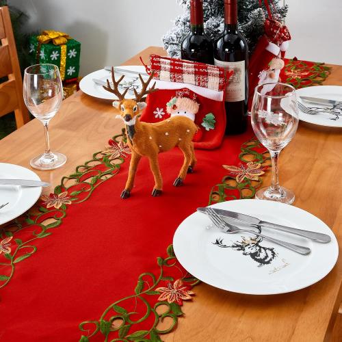 AMARED Christmas Embroidered Table Runner Cutwork Green Leaves Holiday Table Linens for Christmas Decorations 15x69 Inch
