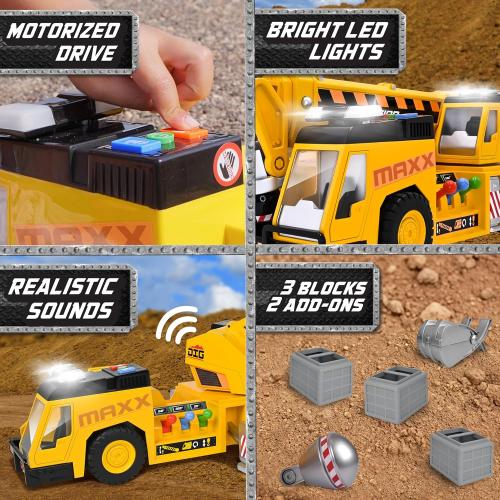Sunny Days Entertainment, LLC. Maxx Action 27'' 3-N-1 Crane Truck - Large Construction Vehicle with Lights, Sounds and Motorized Drive | Realistic Crane with Joystick Controllers