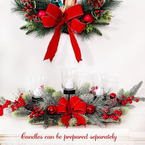 Red Christmas Table Centerpiece,Christmas Decoration Cedar with 3 Candlestick Glass Cup, Red Berry, Balls for Holiday Party, Home, Fireplace