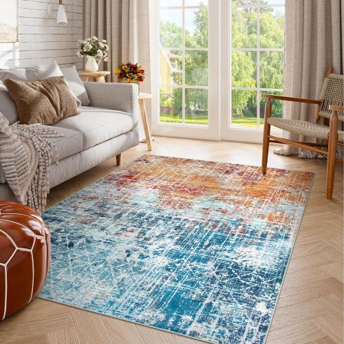 Orange and Teal Abstract Washable Living Room Rug, Large Teal Orange Carpet for Bedroom, Boho Dining Room Rug Non Slip, Modern Moroccan Throw Carpet for Girls Room Playroom Office (Orange/Teal)