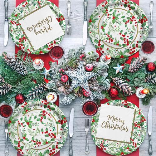 Christmas Party Supplies, Serve 50, Christmas Seasonal Holly Tableware Includes: Paper Dinner Plates, Dessert Plates, Luncheon Napkins and Beverage napkins, Great for Party Decorations