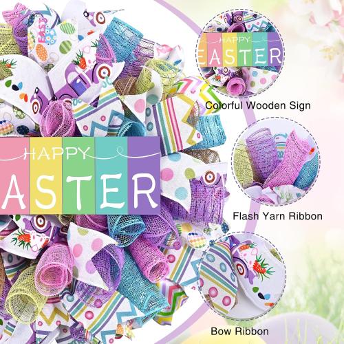 Waipfaru Easter Wreaths for Front Door, 18 Inch Handmade Mesh Bow Spring Wreaths with Wooden “Happy Easter” Sign, for Indoor Outdoor Home Farmhouse Table Mantel Window Wall Decor