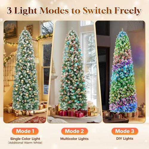 HOLLO STAR 7.5 ft Prelit Christmas Tree with 304 LED Lights, App Control, Slim Pencil Christmas Tree, Multi-Color RGBW Lights, 950 Flocked Frosted Tips, Xmas Tree, 72 Pine Cones, for Home, Party