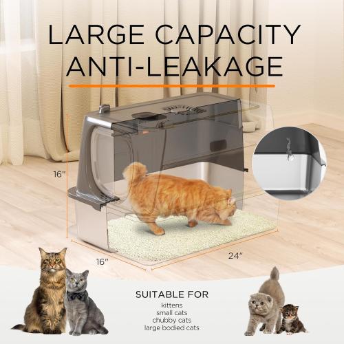 Trivic Stainless Steel Cat Litter Box with Lid,XL Extra Large Enclosed Removable Metal Litter Box with Litter Scoop&Double Layer Litter Mat,Non-Sticky，Non-Odor,Easy Cleaning, for Big Cats Dark Grey