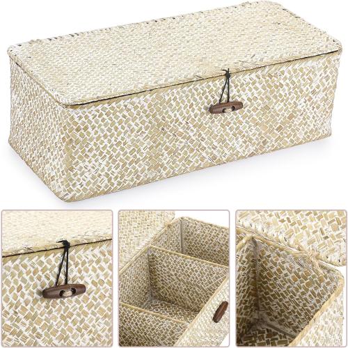 Hipiwe Seagrass Storage Basket Bin 3 Sections Hand-Woven Wicker Baskets with Lid Bathroom Basket Toilet Tank Baskets Holder for Organize Snack Tissue, Whitewash