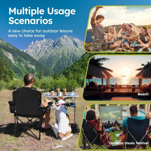 ALPHA CAMP Camping Chairs 350LBS Capacity, Heavy Duty Folding Chair with 4-Can Cooler Bag, Portable Outdoor Chair with Cup Holder for Adults, Collapsible for Tailgating, Beach, Fishing,Black,2PC