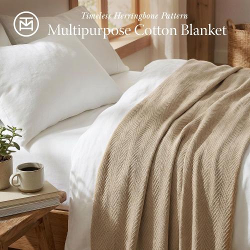 Threadmill Luxury Cotton Blankets for King Size Bed | All-Season Cozy 100% Cotton King Size Blanket | Herringbone Soft Fall Thermal Blanket fits California King Size Bed, 106x92 | Beige