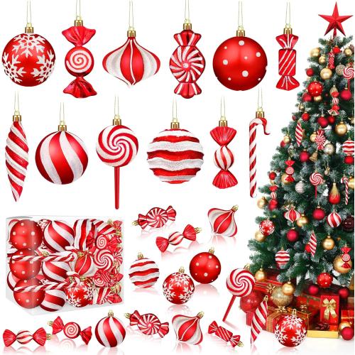 Set of 48 Color Candy cane Christmas Ornaments Candy Lollipop Set -48Pcs for Xmas Tree Decoration Hanging Plastic Gloss Candy Canes Ball Pendants for New Year Home Decor Party Supplies (Red)