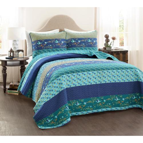 Lush Decor Royal Empire Reversible Cotton Quilt Set, 3 Piece Set King, Peacock - Striped Bedding Set - Floral Quilt King Size - Blue Bedding - Boho Decor