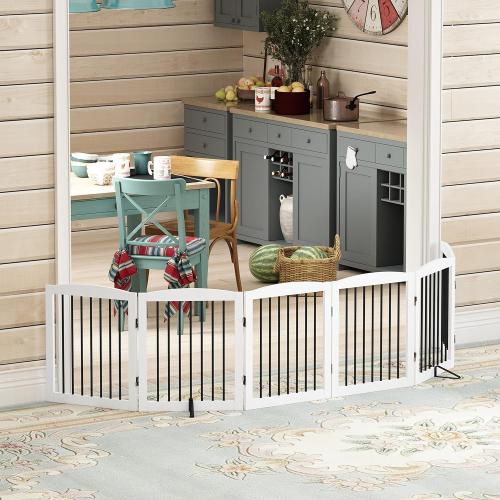Freestanding Pet Gate for Dogs, Foldable Wooden Dog Gate for House, Extra Wide Indoor Pet Barrier for Stair, Doorway, Hall, Support Feet Included, 120 Inch Wide, 6 Panels 24, White