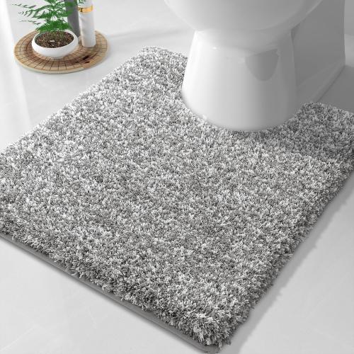Yimobra Fluffy Toilet Rugs U Shaped, Shaggy Soft Comfortable Non Slip, Water Absorbent Microfiber Bath Mat, Dries Quickly, Machine Washable Thick Bathroom Floor Rugs, 24x 20, Light Gray and White