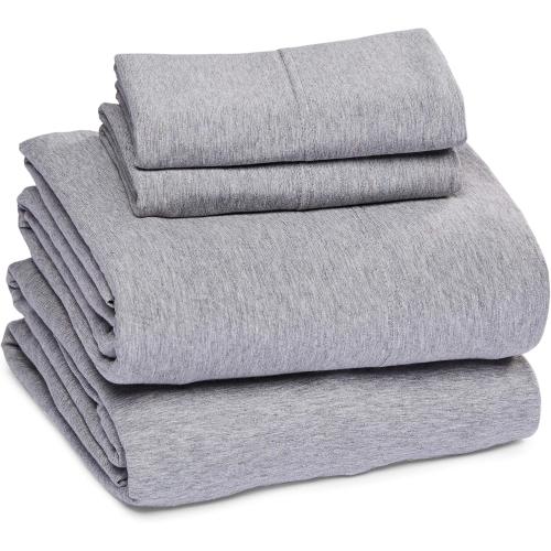 Amazon Basics 4 Piece Bed Sheet Set, 100% Cotton Jersey, Includes Super Soft, Flat and Fitted Sheets, Pillowcase, Twin , Light Gray, Solid