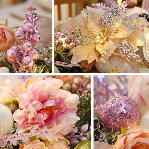 Waipfaru 6FT Christmas Garland with Lights, Pink Christmas Decor, Rose Gold Lighted Flocked Garland with Flower, Berries, Balls, Pinecone, Pink Garlands for Mantle Table Stairs Indoor Outdoor Decor