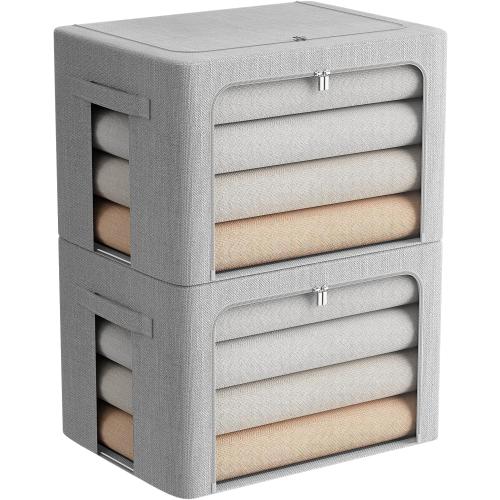 FHSQX 2 Pack Clothes Storage Bins Stackable Metal Frame Storage Box Large Capacity Foldable Linen Fabric Box Organizer with Carrying Handles and Clear Window (Light Gray, 19.7x 15.7x 12.6 Inch)