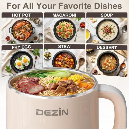 Dezin Electric Pot, 1.6L Ramen Cooker, Hot Pot Electric Stainless Steel, Multifunctional Cooker for Egg, Pasta, Soup, Porridge, Oatmeal with Temperature Control and Keep Warm Function