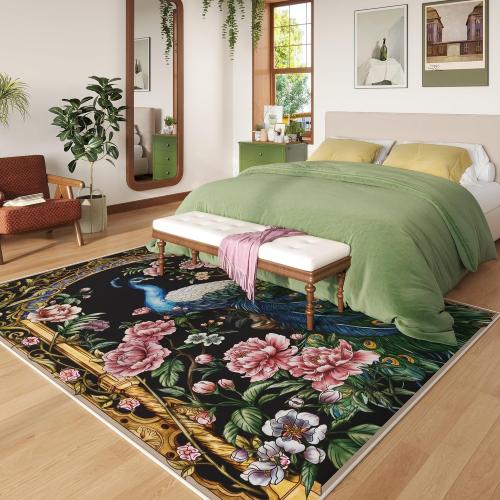 Area Rugs 8x10 Rug for Living Room Clearance Washable Floral Peacock Non Slip Vintage Low Pile Large Rug for Living Room, Bedroom, Farmhouse, Dining Room, Kids Playroom(Black)