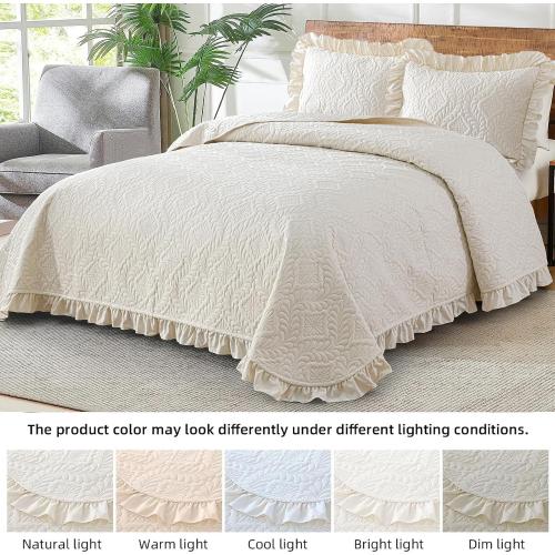 Size Large Set of 3 Quilt Bedding Set Size, Beige Ruffled Lightweight Soft Bedspreads Queen Size Coverlet, Basket Weave Quilted Blanket Thin Quilt Bed Cover for All Season - 3 Piece (1Quilt, 2 Pillow Shams)