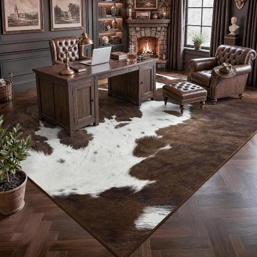 Foxmas Cow Print Rugs for Living Room Bedroom, 8x10 Washable Non-Slip Low Pile Indoor Floor Rug, Carpet for Dining Room Kitchen Office Western Home Decor, Brown