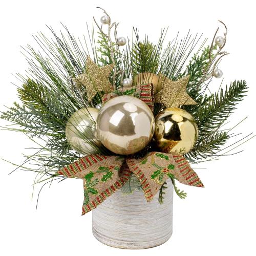 Hollyone Small Christmas Table Centerpiece 10' Artificial Mini Tabletop Christmas Potted Plant with Gold Ball Ornaments for Home Office Arrangement Centerpieces Indoor