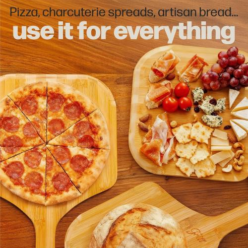 HANS GRILL Wooden Pizza Peel 12 Inch - Bamboo Wood Pizza Peel 12 Inch Paddle For Oven - Restaurant Grade Natural Bamboo Paddle, Multi-use Spatula - Large Wooden Board For Serving and Transferring