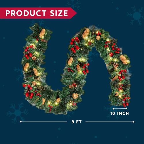 Joiedomi 9FT Christmas Garland Prelit with 50 Count String Lights, Bristle, Pine Cones, Holly Berries for Outdoor & Indoor Winter Christmas and Holidays Decorations, Plug in Lighted Pine Garland
