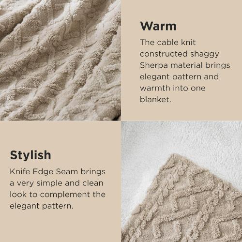 Bedsure Sherpa Fleece Throw Blanket for Couch - Soft Fluffy & Cozy Cable Jacquard Tufted Throw Blankets for Women Gift, Thick Warm Blanket for Winter and All Seasons, Beige, Large