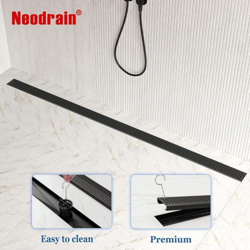 Neodrain 60-Inch Black Linear Shower Drain with Removable Quadrato Pattern Grate,Professional 304 Stainless Steel Rectangle Shower Floor Drain Manufacturer,Leveling Feet,Hair Strainer,Matte Black