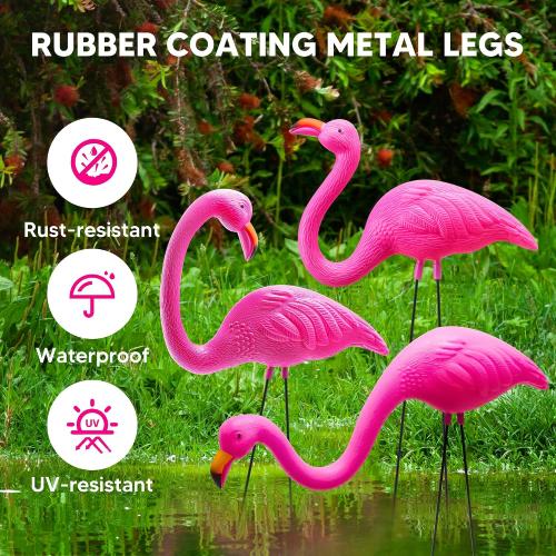 JOYIN 3 Pack Large Pink Flamingo Yard Decorations, Medium Plastic Lawn Flamingo Ornament Stakes with Rubber Coating Metal Legs for Yard, Garden, Luau Party Gift (11in x 20in)